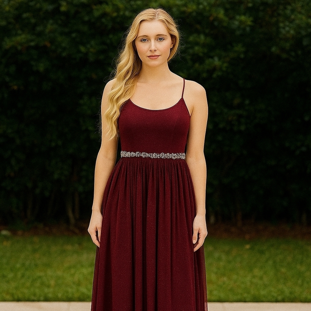 SPEECHLESS Burgundy Glitter Sheer Evening Gown Size 9 Beaded Flowing Faux pearl - Picture 1 of 17